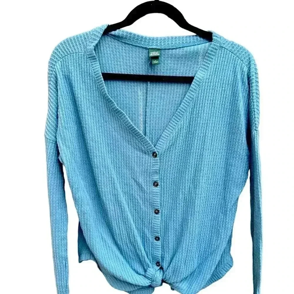 Wild Fable Waffle Knit Top Button Down Tie Front Long Sleeve Blue Size S
